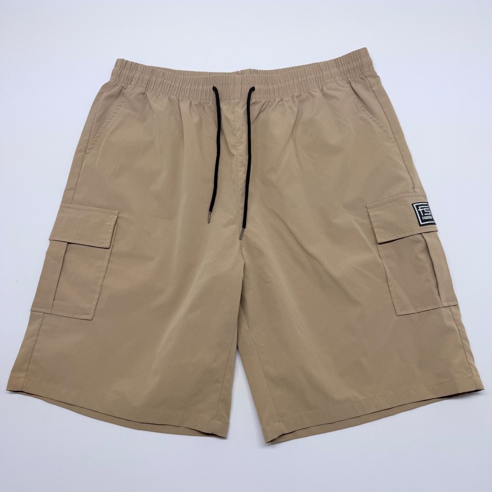 🔴 FS Fashion Cargo Shorts Mens XXL Tan Polyester Elastic Waist Drawstring Pocket
